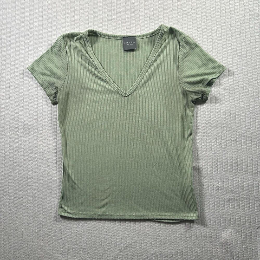 Olivia Rae Women Small Light Green Ribbed V-Neck Short Sleeve Crop Tee Top Shirt